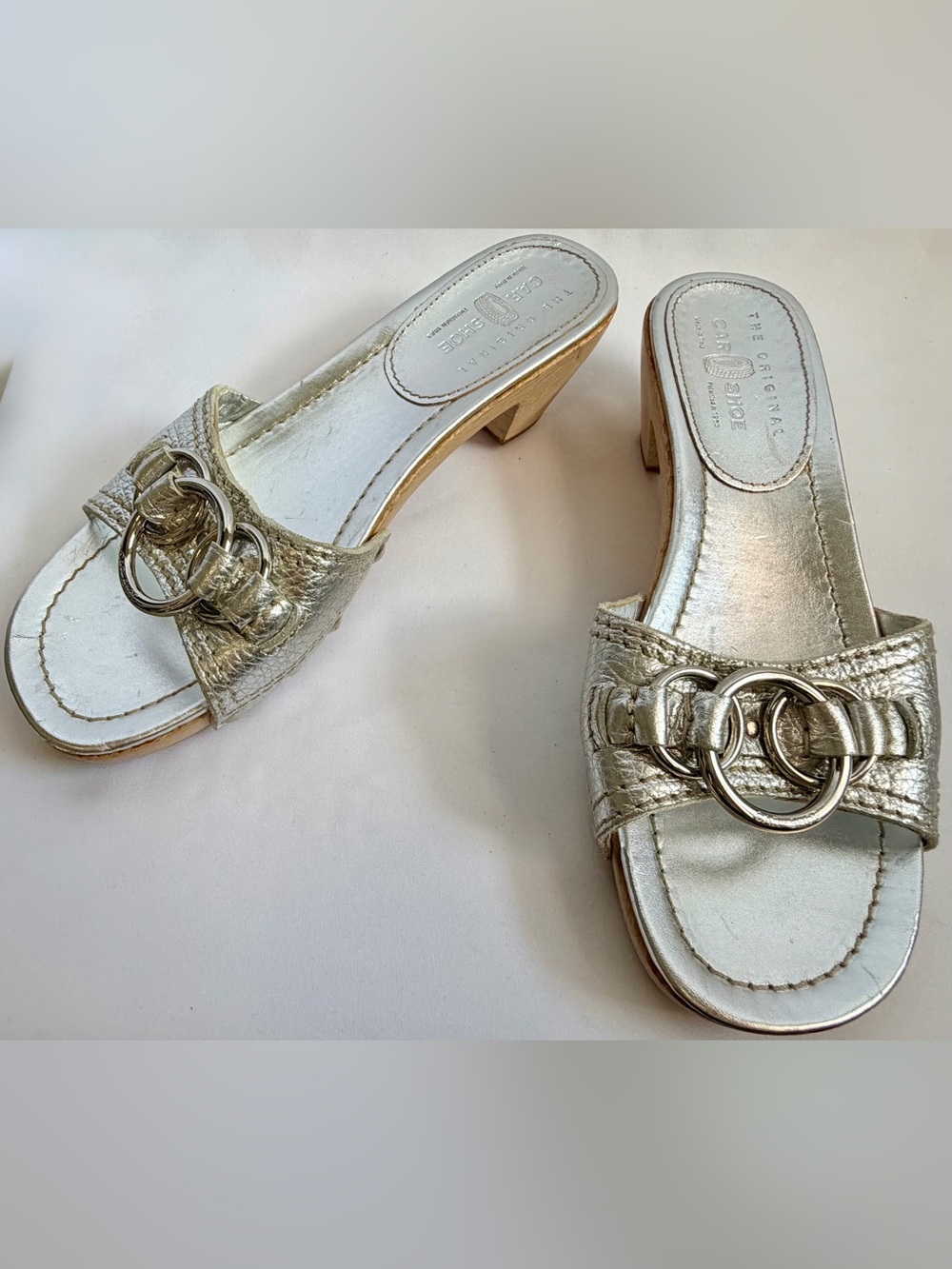 Car Shoe Prada Vintage Metallic Silver Leather Wood Clog Sandals Slide Heel 37.5